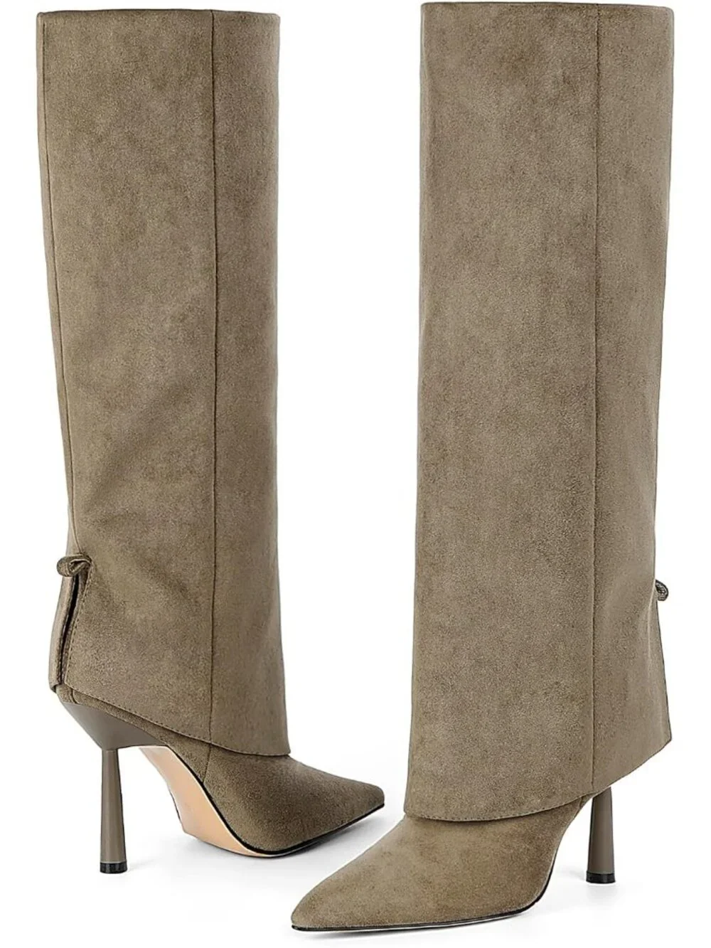 Women's Green Faux Suede Pointed Toe Stiletto Heel Fold Over Knee High Boots